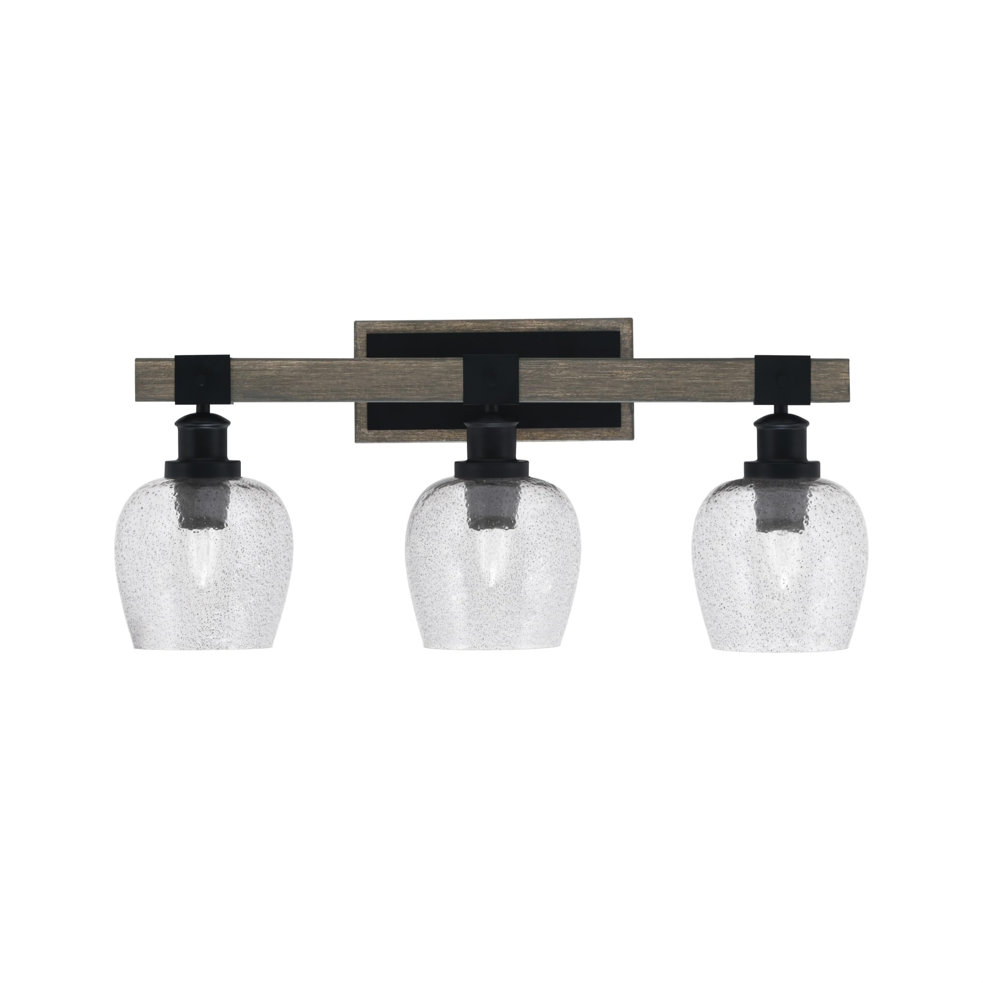 Toltec Lighting Tacoma 3 Light Bath Bar - Matte Black & Distressed Wood-Look Finish, 6in Smoke Bubble Glass