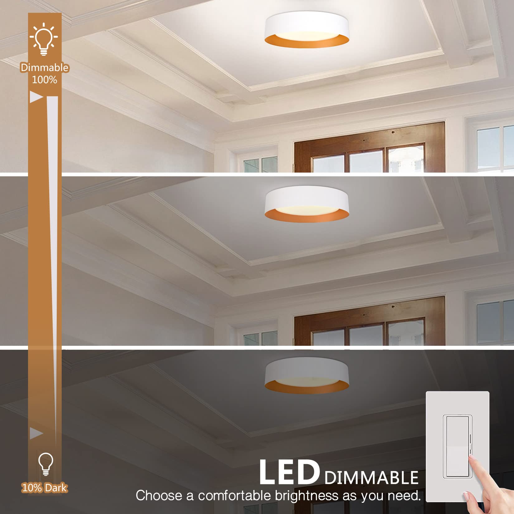 Bargeni 16.5 Inch Dimmable Led Flush Mount Ceiling Light, Matte White With Gold Inside, 3000K/Warm White/30W, Modern Light Fixtu