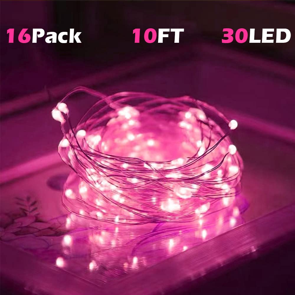 SOCO 16 Pack LED Fairy Lights - 10FT 30LED Copper Wire, IP65 Waterproof, Pink, Battery Operated for Indoor/Outdoor Decor