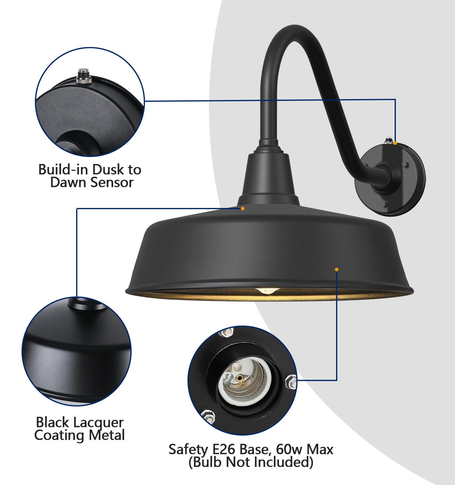 Ytzlvw Gooseneck Barn Lights, 21 Inch Outdoor Wall Mount, Black Aluminum, Dusk to Dawn, for Garage, Shop, Porch