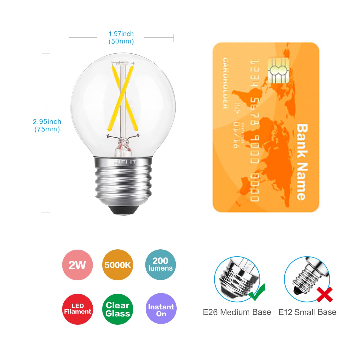 Aielit 2 Watt(25-30W Equivalent) Led Vanity Light Bulb, A15 Globe Bulb, Bright White 5000K, E26 Medium Base, Ideal For Bathroom