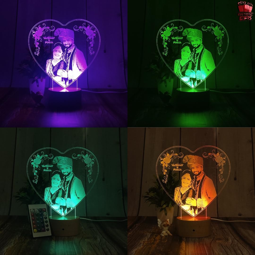 Artistic Gifts Personalized 3D Illusion Photo LED Lamp - Perfect Valentine, Birthday, Anniversary Gift for Couple (Heart 1)