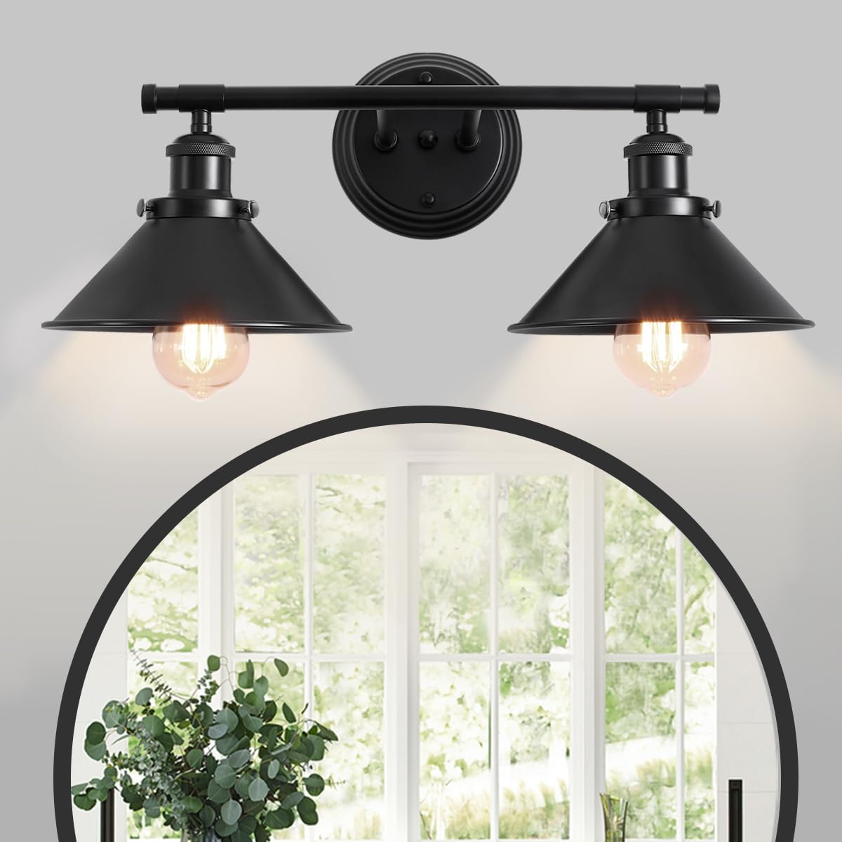 Toulmj Bathroom Light Fixtures Farmhouse Vanity Lights, 2 Light Bathroom Lighting Fixtures Over Mirror Bathroom Wall Sconces With Metal Shade, Matte Black Vanity Lights For Bathroom (19.48'')
