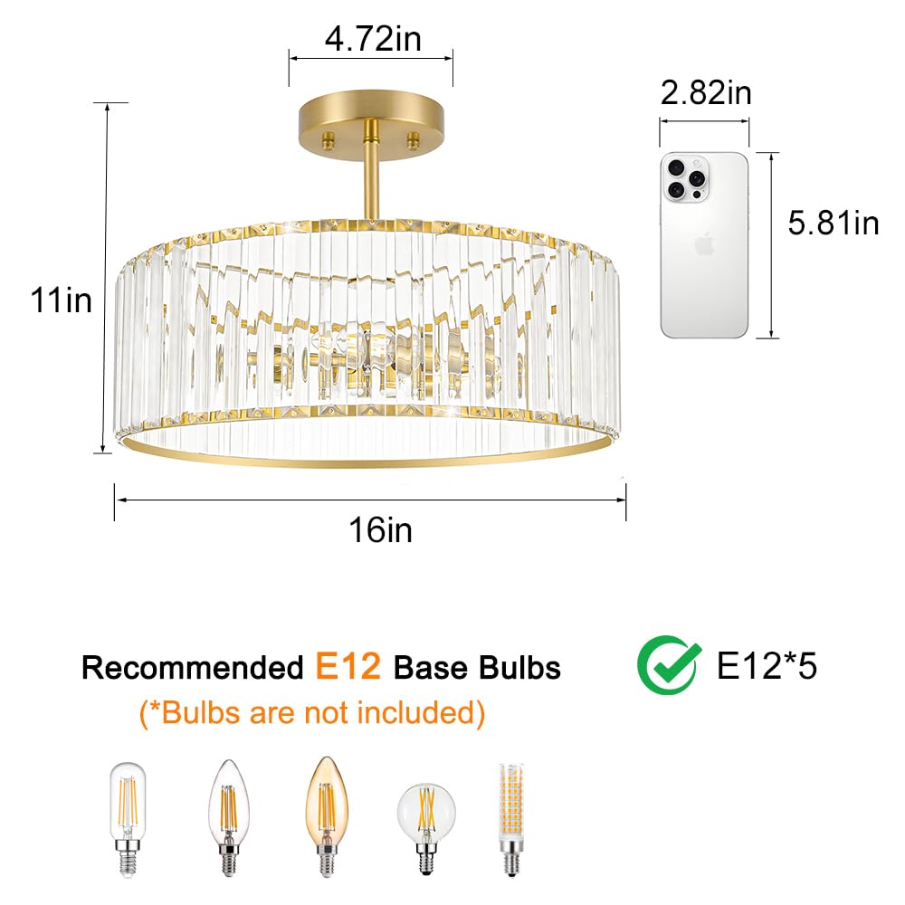 Modern Crystal Ceiling Light Fixture  Semi Flush Mount Ceiling Light  Brushed Brass Hallway Lighting Fixtures Chandelier  Crystal Chandelier For Kitchen Bedroom Dining Room Closet  5-Light  16 Inch