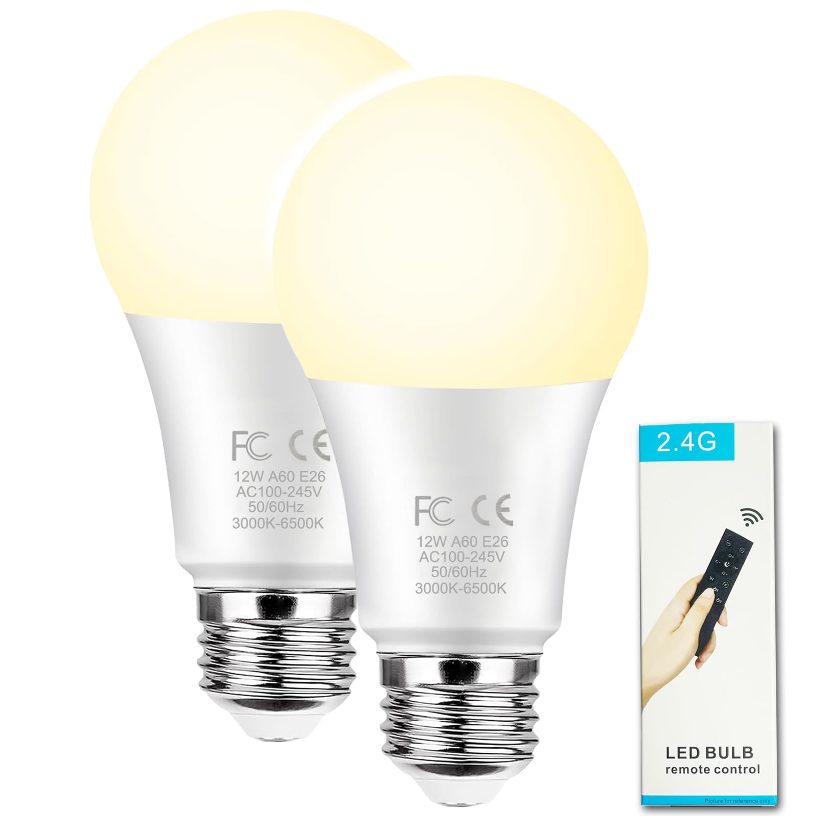 GRV Smart Light Bulb 12W A60, Dimmable 3000-6500K, 1000LM, E26 Base, 2 Bulbs + 1 Remote,