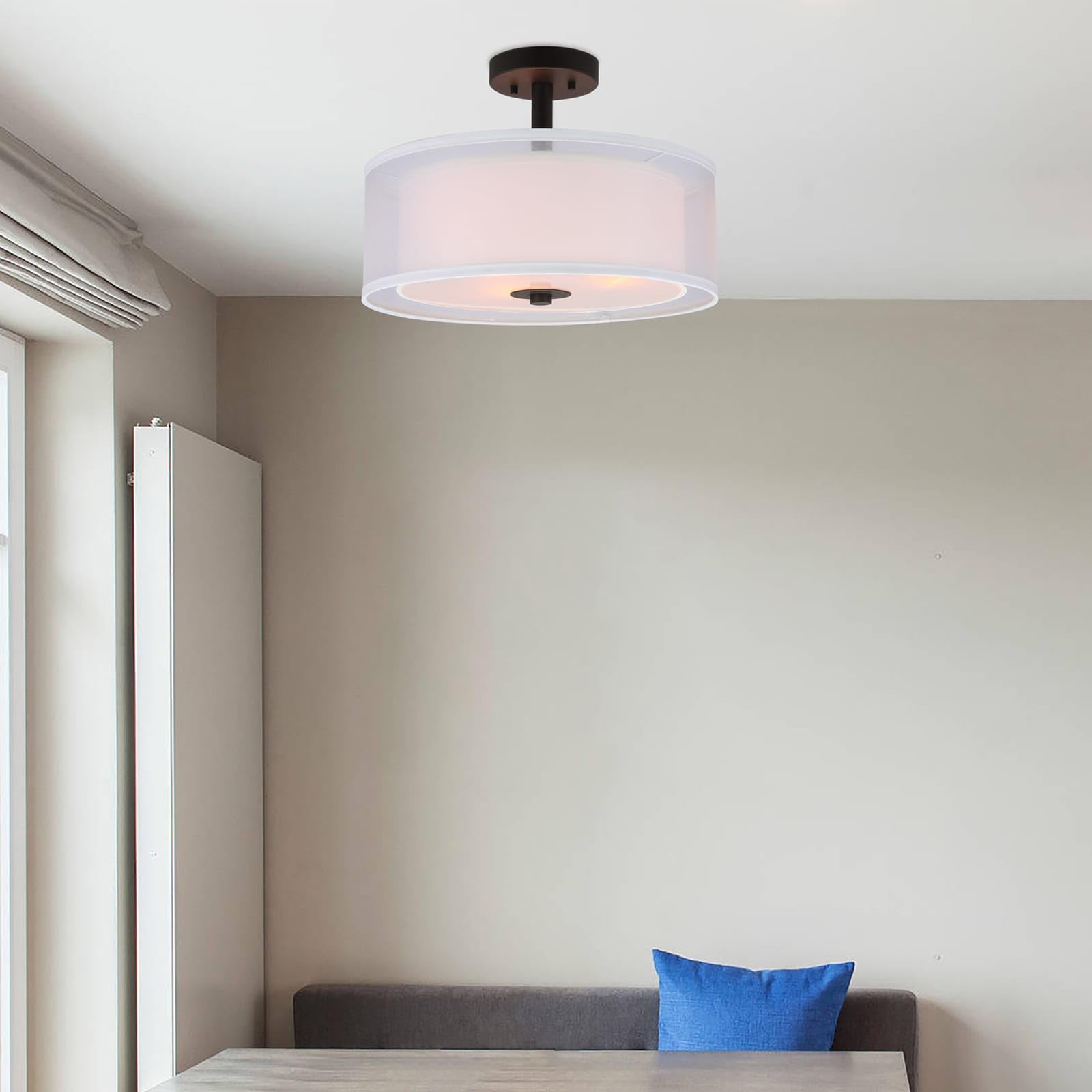XiNBEi Lighting Semi Flush Mount Ceiling Light, 16" Drum, Dark Bronze Fabric Shade, Model XB-SF1194-DB for Living Room & Bedroom