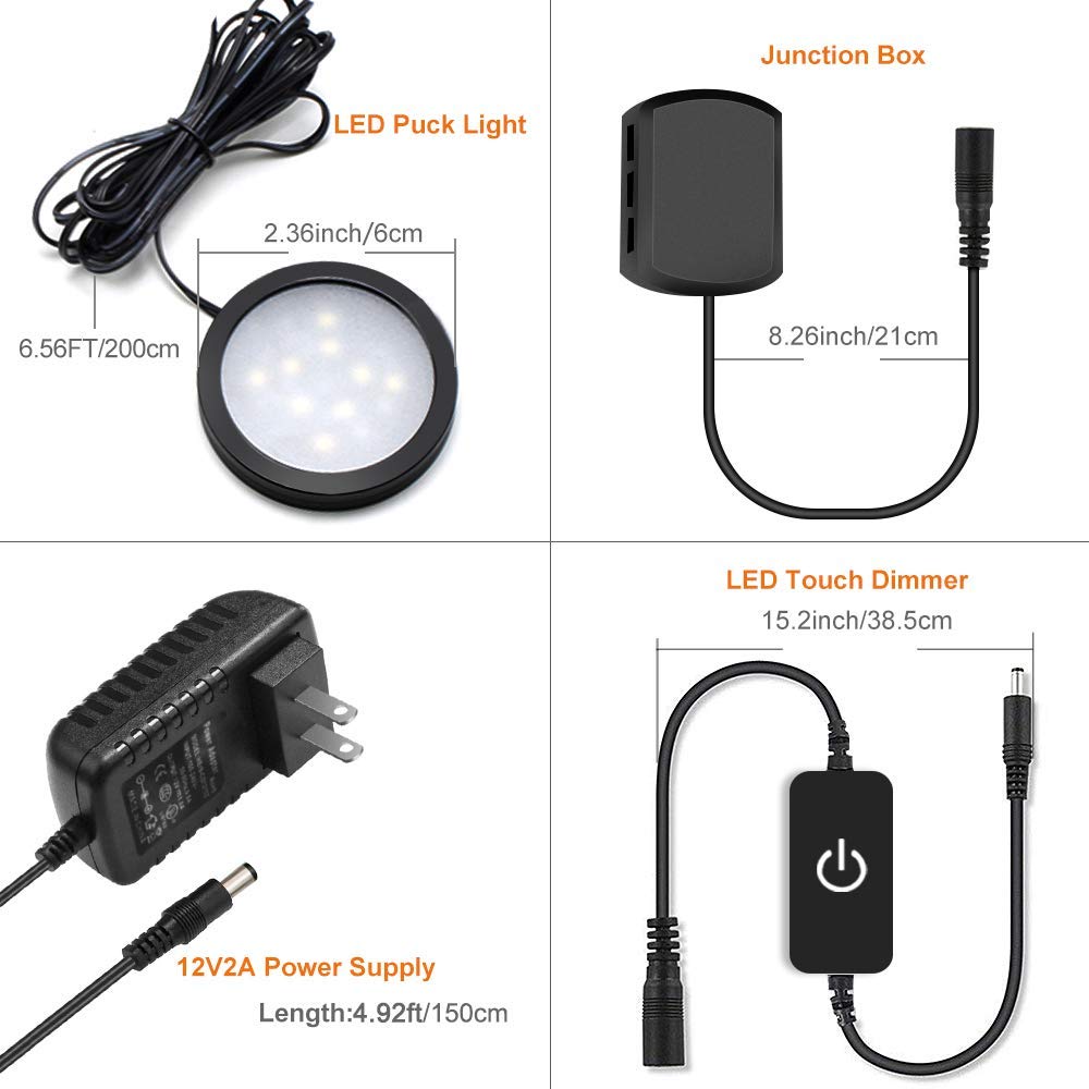 YGS-Tech LED Puck Lights, 3000K Warm White, Aluminum, 3-Pack, Touch Dimming, Under Cabinet Lighting, Black Trim