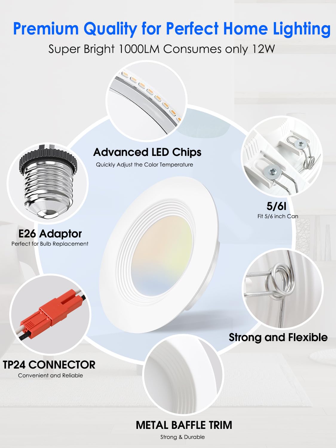Energetic 5/6 Inch Led Recessed Lighting, 1000Lm, 5000K Daylight Downlight, 12W=150W, Dimmable Led Can Light, Simple Retrofit In