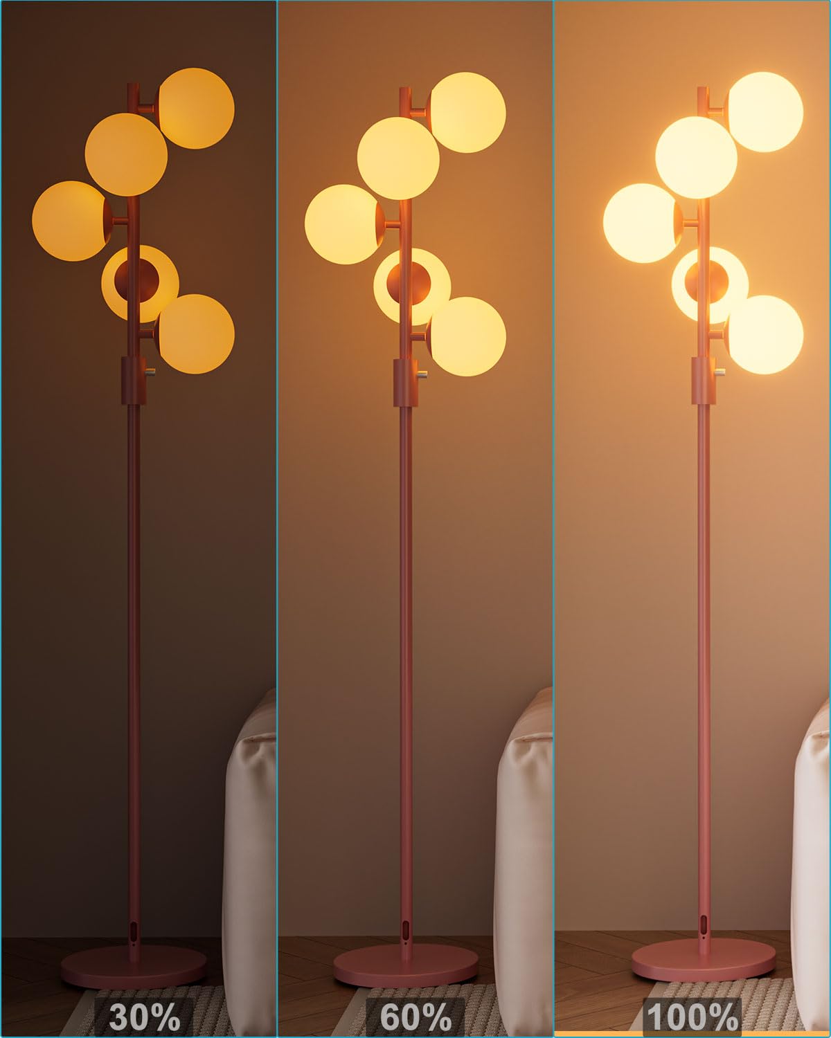 Acohook 64In Dimmable Pink Floor Lamp, Tall Standing Lamps With 5 Globe Soft Warm White Eye Care 3000K G9 Bulbs, Mid Century Mod