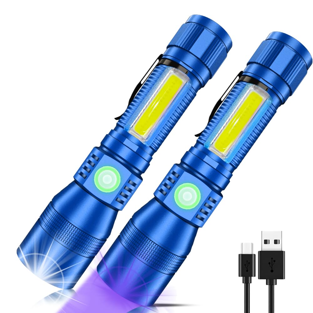Spriak UV Flashlight Black Light, 2-Pack USB Rechargeable, 7 Modes, Waterproof, Aluminum, Blue, Model 2-Spriak-USB016-2PACKBlue