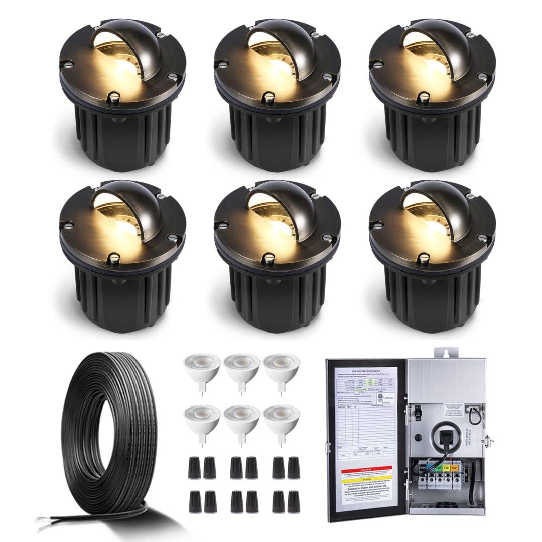 Gardenreet Brass In Ground Well Lights Kit(6 Pack) with 150W Low Voltage Transformer & MR16 Bulb & 100Feet Wire & Connectors, 12