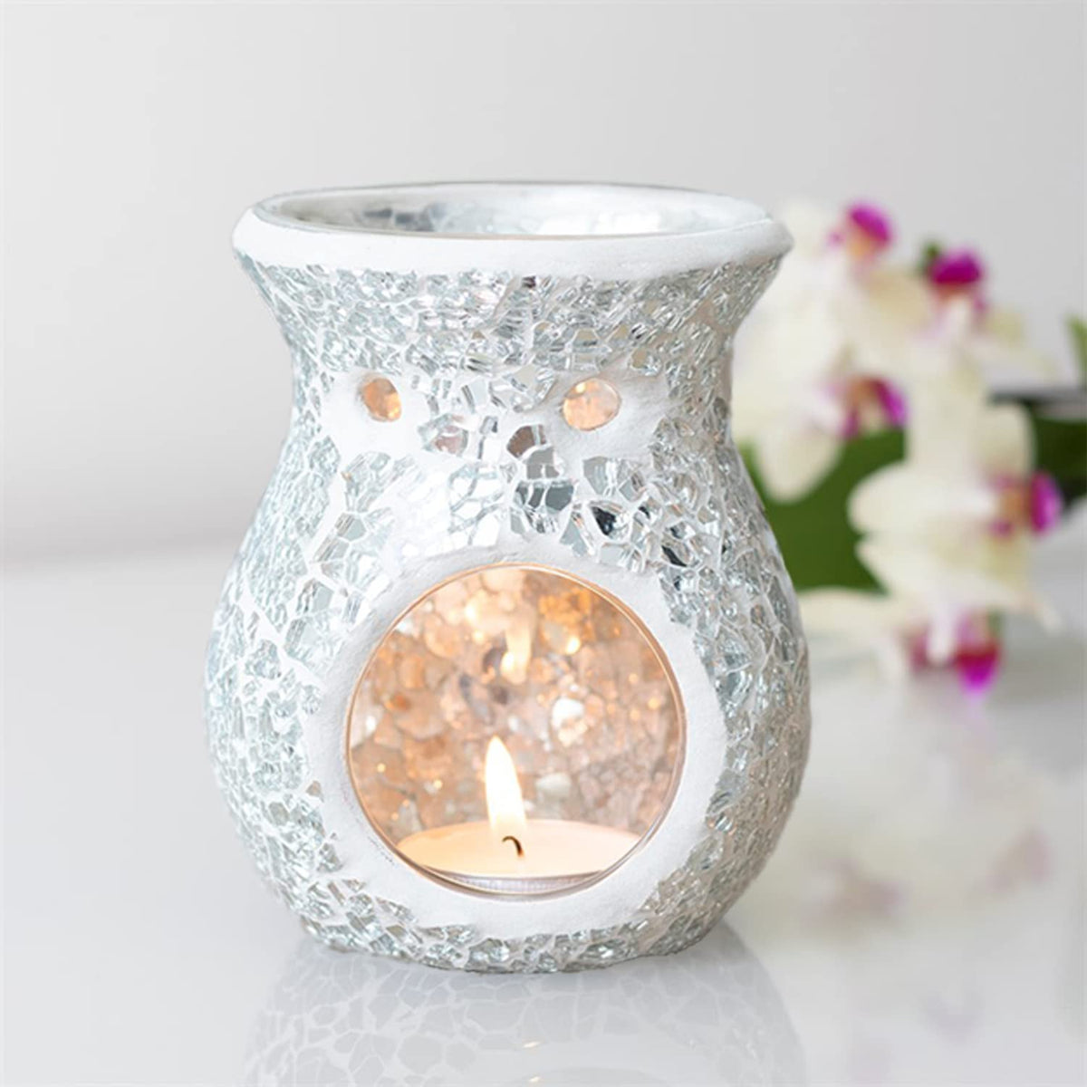 Silver Flared Crackle Oil Burner Small Lustre Mosaic Wax Melt Burner Single Tea Light Candle Holder Aroma Gift Lamp, For Women M