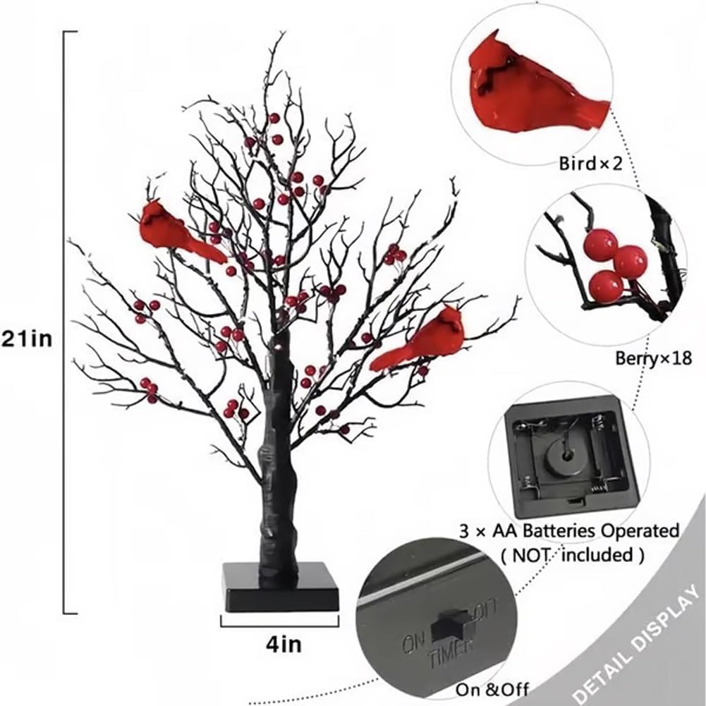 Vintage Glowing Tree with Cardinals: Lighted Tree with Berries, LED Cardinal Christmas Ornaments, Twinkle Lights Decoration for