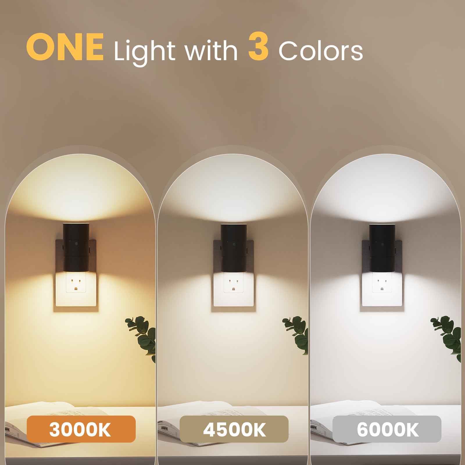 VOLISUN Dimmable LED Night Lights with Dusk to Dawn Sensor, 0-100LM, 3 Color Temperatures, 2 Pack, Black, Model LH-XYD001