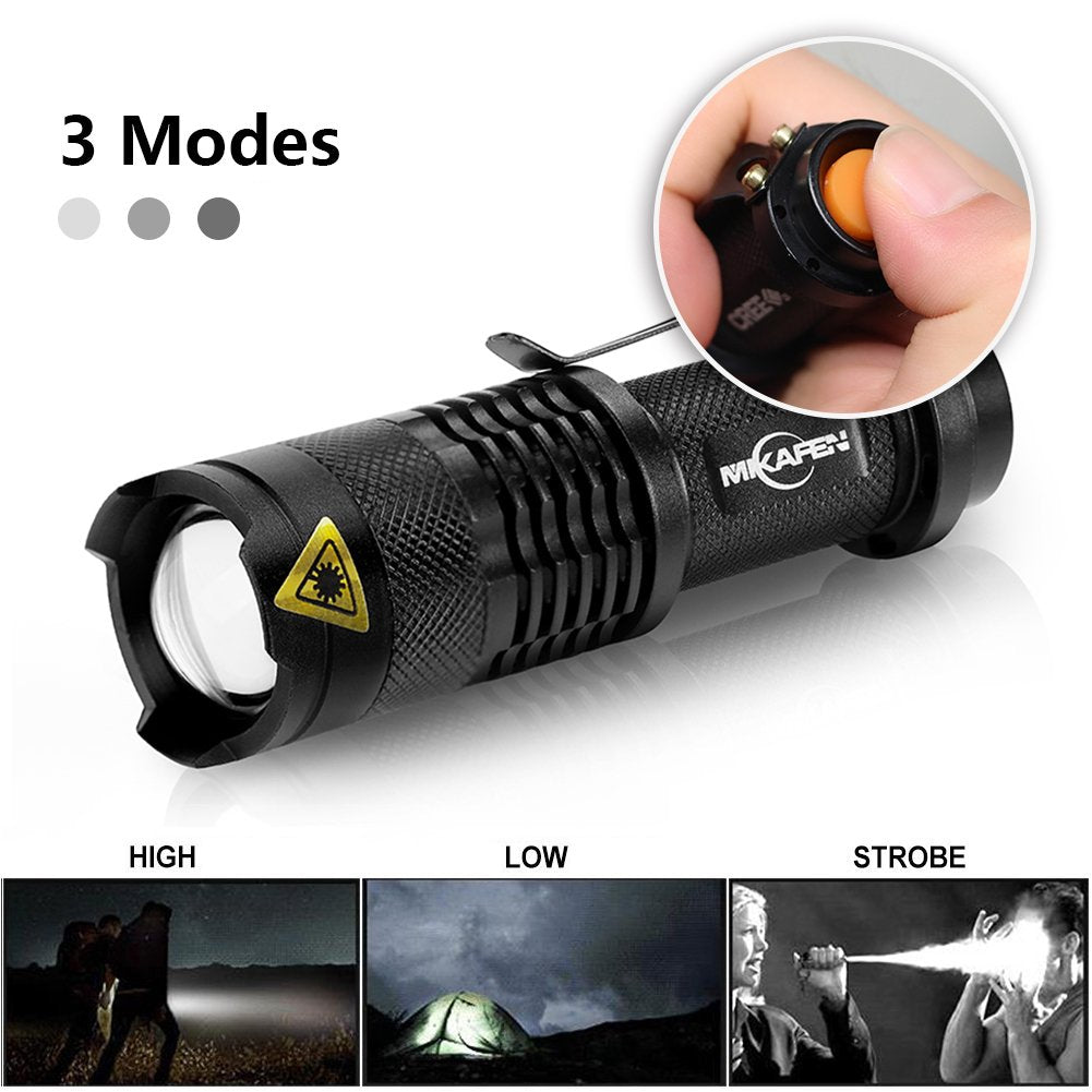 MIKAFEN Mini Flashlights 5 Pack - 300lm LED Adjustable Focus, Black, Model DZ204, Aluminum