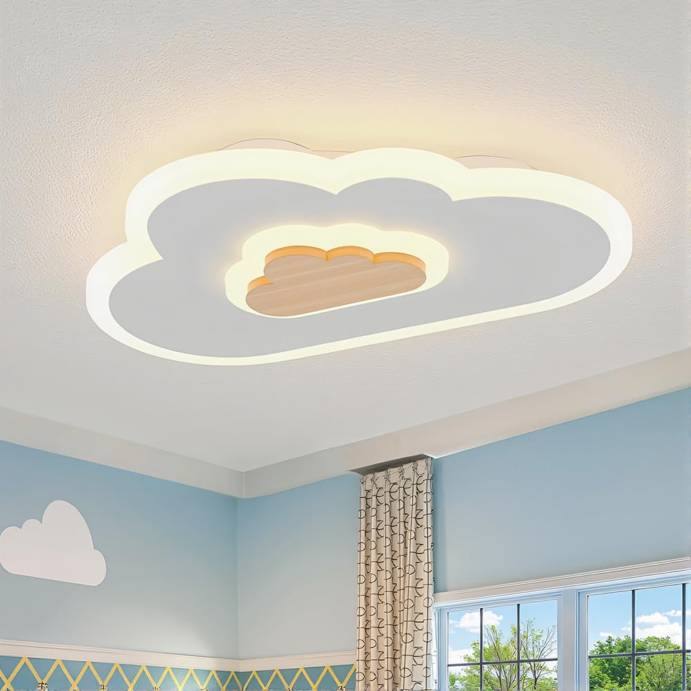 LED Ceiling Light 26W Wood Cloud Cartoon Kids Ceiling Light 23.62in Kids Room Light fixtures Ceiling Mount 3000-6500K with night