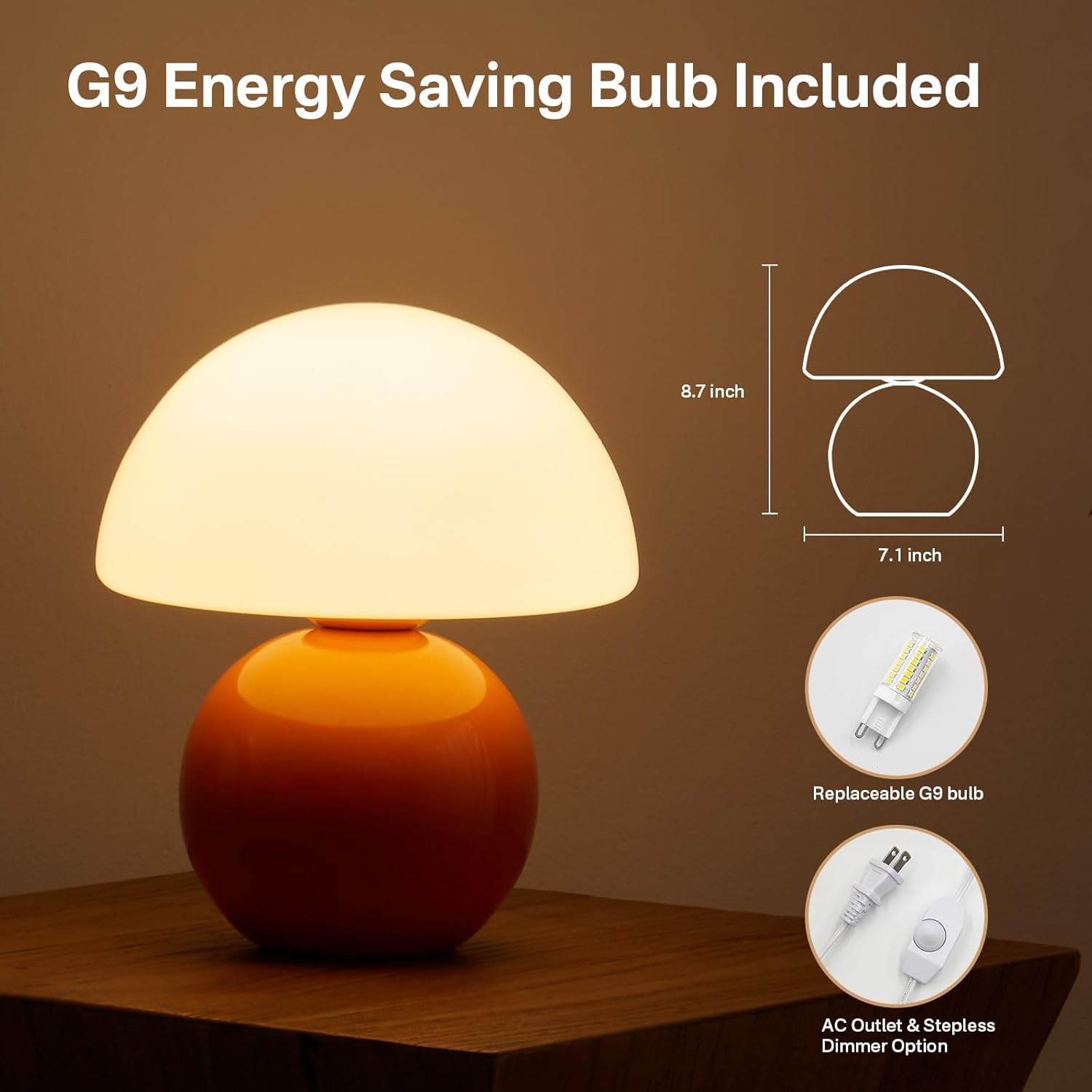 Dawnwake Mushroom Table Lamp - Small Modern Aesthetic Lamp, Orange, DAWN-001, Cute Mini Decor for Bedroom & Living Room Night Stands
