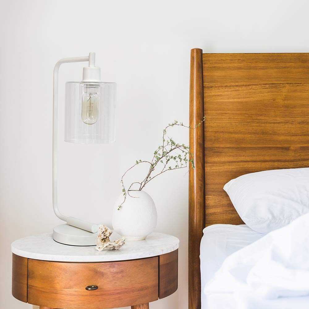 Simple Designs Bronson Industrial Iron Lantern Table Lamp, Glass Shade, White, Model LD1036-WHT, Regular Size