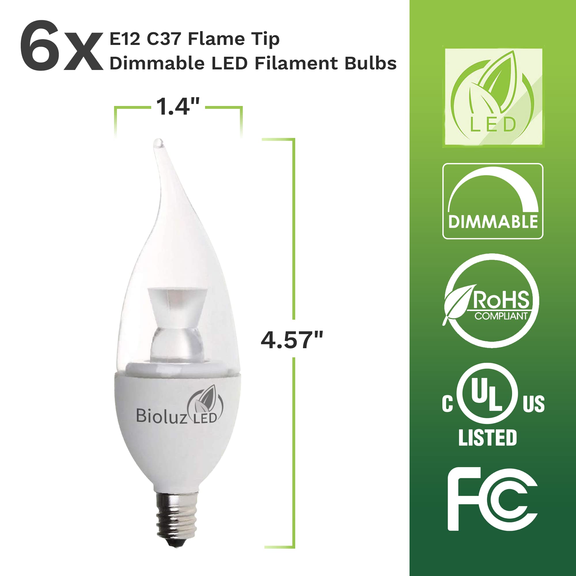 Bioluz LED 6 Pack Dimmable Flame Tip Candelabra Bulbs, 40W (4.5W), E12 Base, Warm White 2700K, Glass, Indoor