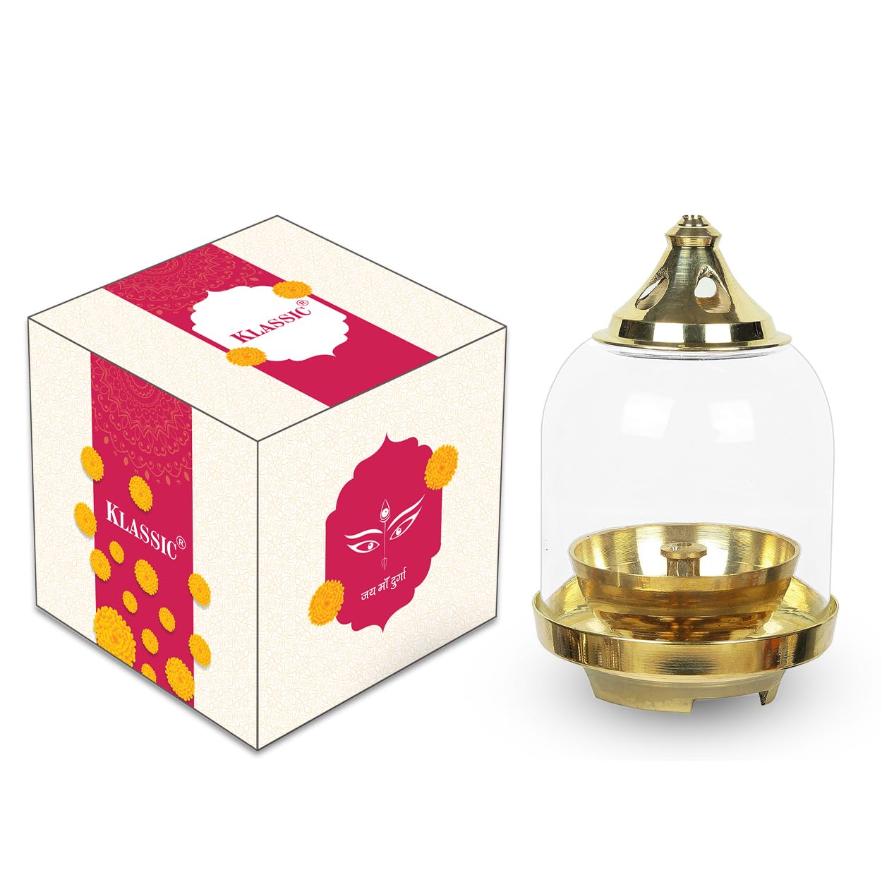 Klassic Prabha Akhand Diya | Curved Diya with Borosilicate Glass Shade | Diya for Pooja, Home Decoration & Gifts & Gold Lid for