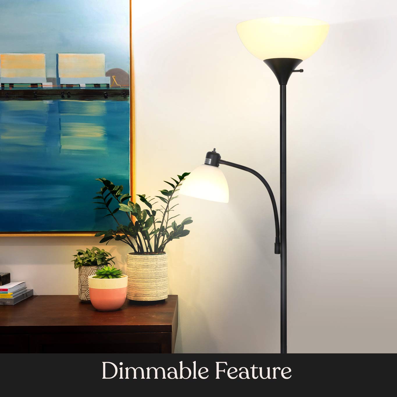 Brightech Sky Dome Plus Led Floor Lamp, Torchiere Super Bright Floor Lamp With Reading Lamp For Living Rooms & Offices - Dimmabl