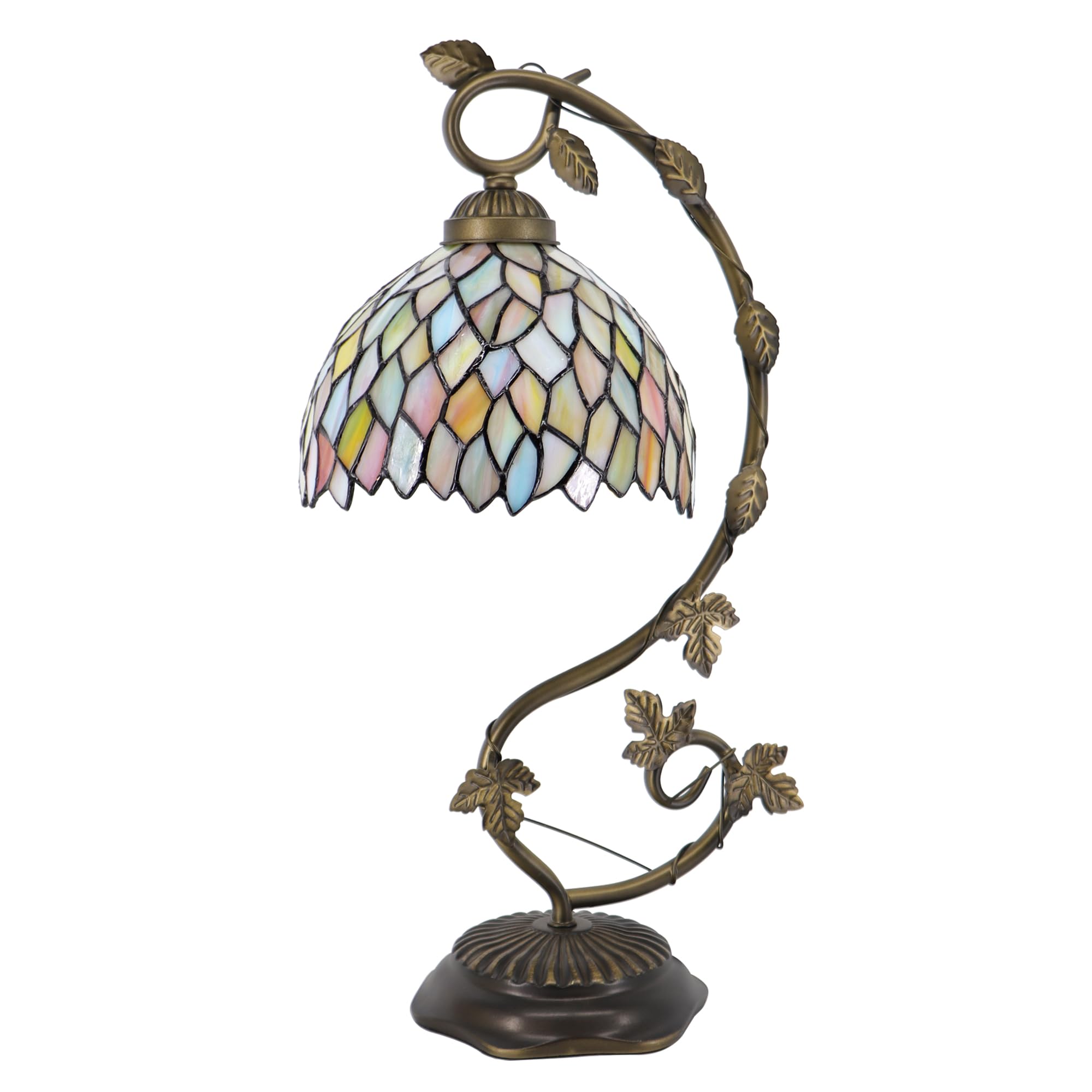 HWDFEI Tiffany Table Lamp, Stained Glass Desk Reading Light,Metal Leaf Table Lamp Base 8X10X21 Inches (Seven Color Wisteria)
