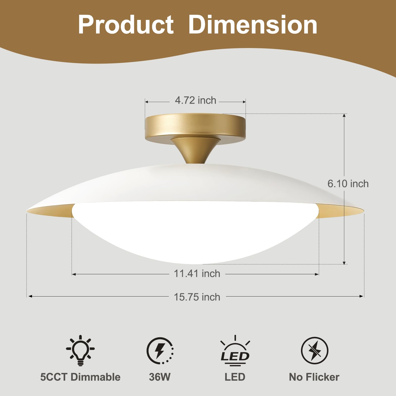 Dimmable Modern Mid-Century Ceiling Light, White And Gold Led Semi Flush Mount Ceiling Light, 5Cct 2700K-6000K Lighting Fixture Ceiling Lamp With Acrylic Shade For Bedroom Kitchen Living Room, 15.8In