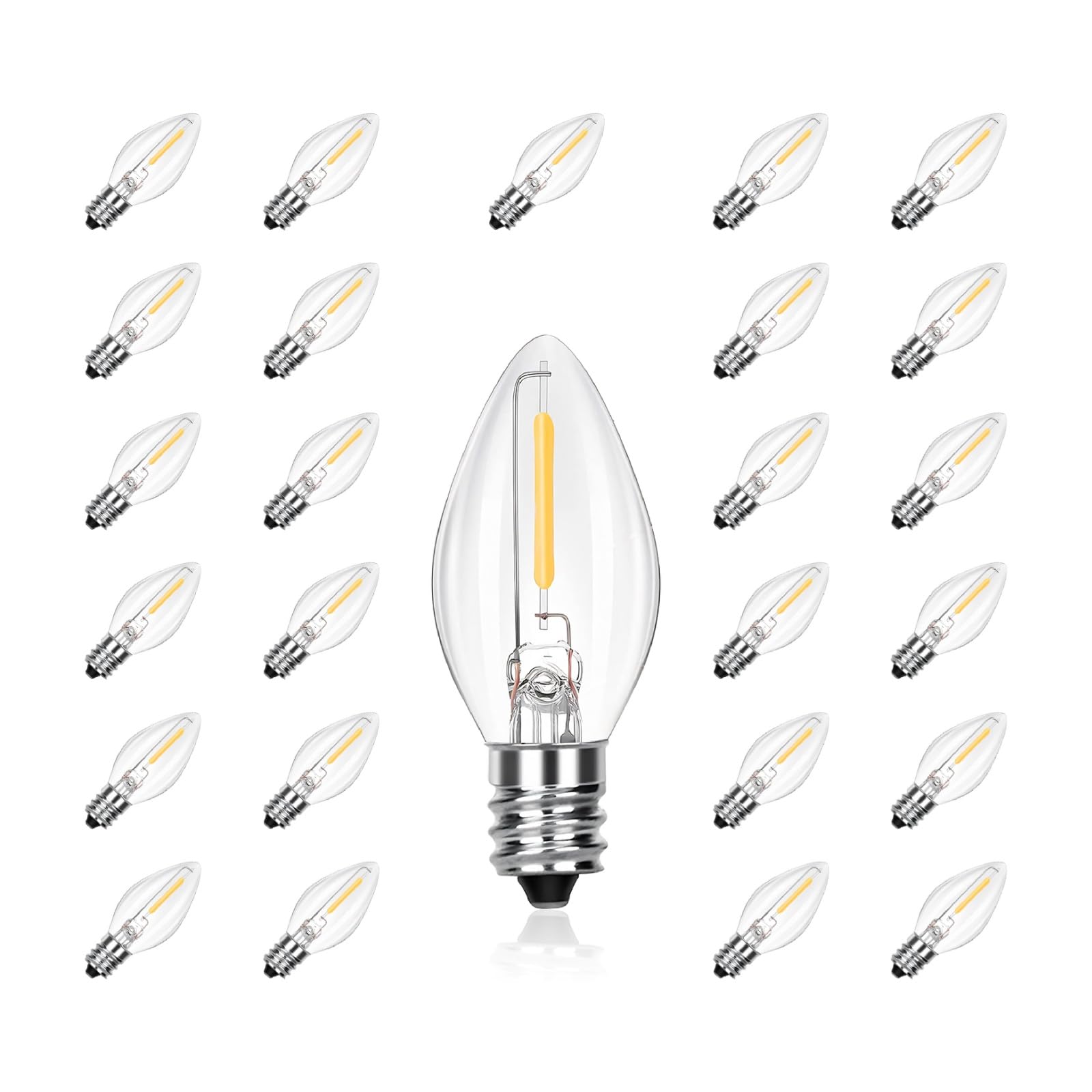 CHYSUPER C7 Replacement Bulbs, 25 Pack Clear Warm White LED Christmas Light Bulbs, E12 Candelabra Base, Commercial Grade for Out