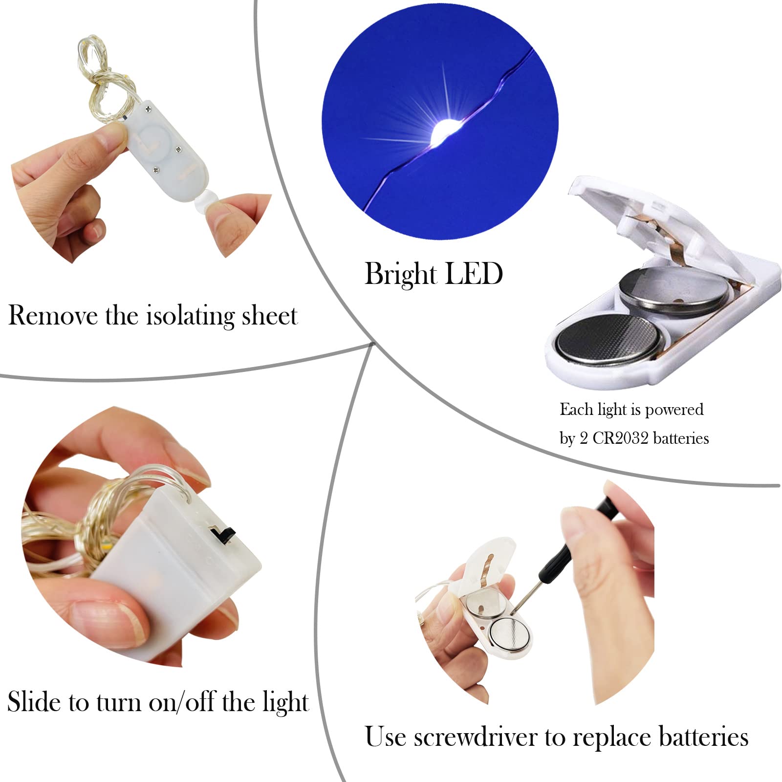 SmilingTown Starry Fairy String Lights 24 Pack 20 LED/Strand 7.2ft Firefly Copper Wire Lights Battery Powered Lights for Wedding