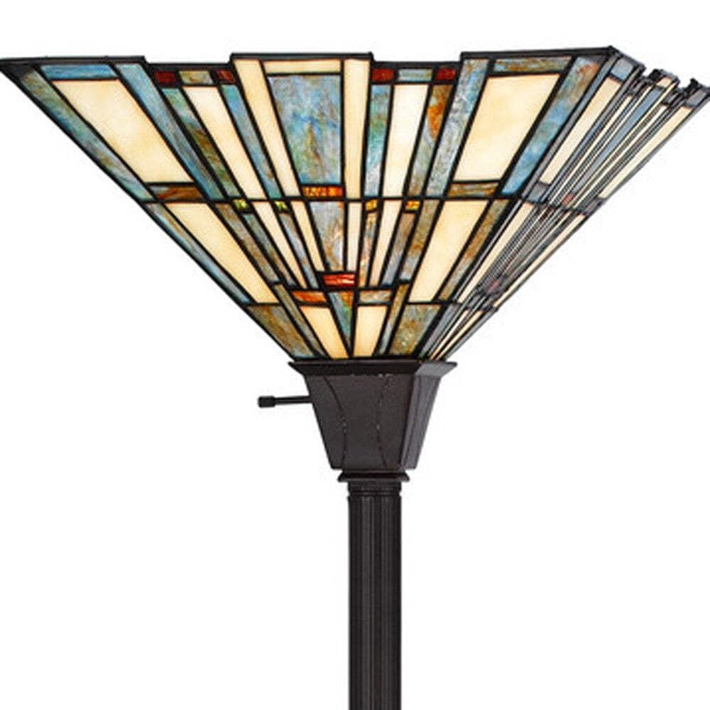 HomeRoots Torchiere Floor Lamp with Abstract Tiffany Glass Shade, 72 in, Bronze