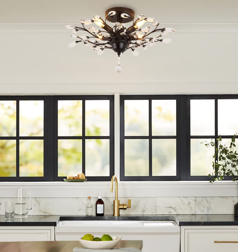 SEOL Vintage Crystal Branch Chandelier Flush Mount Light Fixture, 4 Lights, 160W, 24.5in Diameter, Black, Small Size, Model SLP1801PAPA