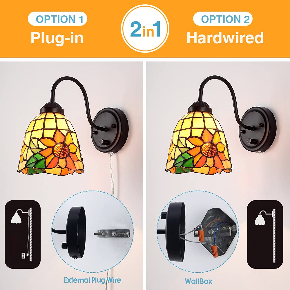 DENGMALL Tiffany Wall Mount Lamp - Dimmable Gooseneck Sconce with Flowers Stained Glass Shade for Bedroom & Living Room