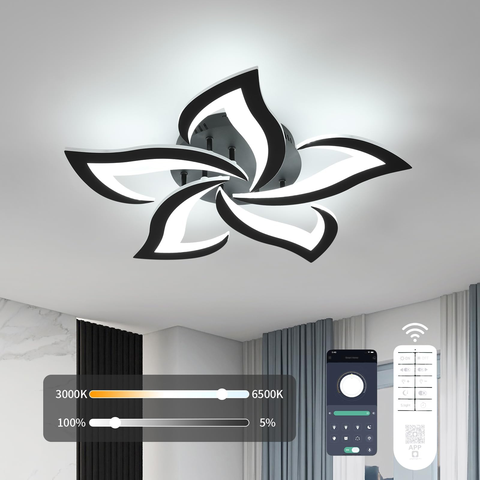 Goeco Modern Flower Flush Mount Ceiling Light, 5-Petals, Dimmable LED, 3000K-6500K, Black, Model 30839726