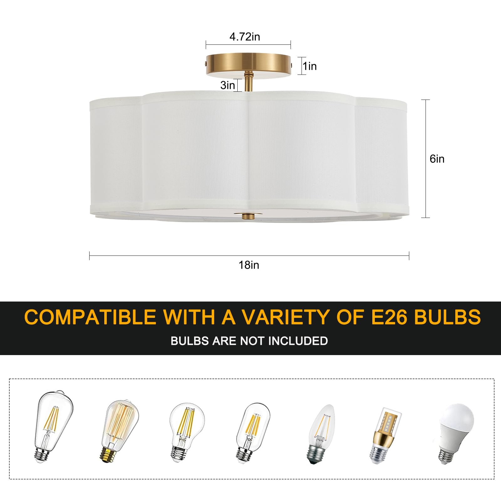 Widluth Modern Semi Flush Mount Ceiling Light 18'' Modern Gold Drum Ceiling Lighting Fixture With Linen Shade Vintage Ceiling La