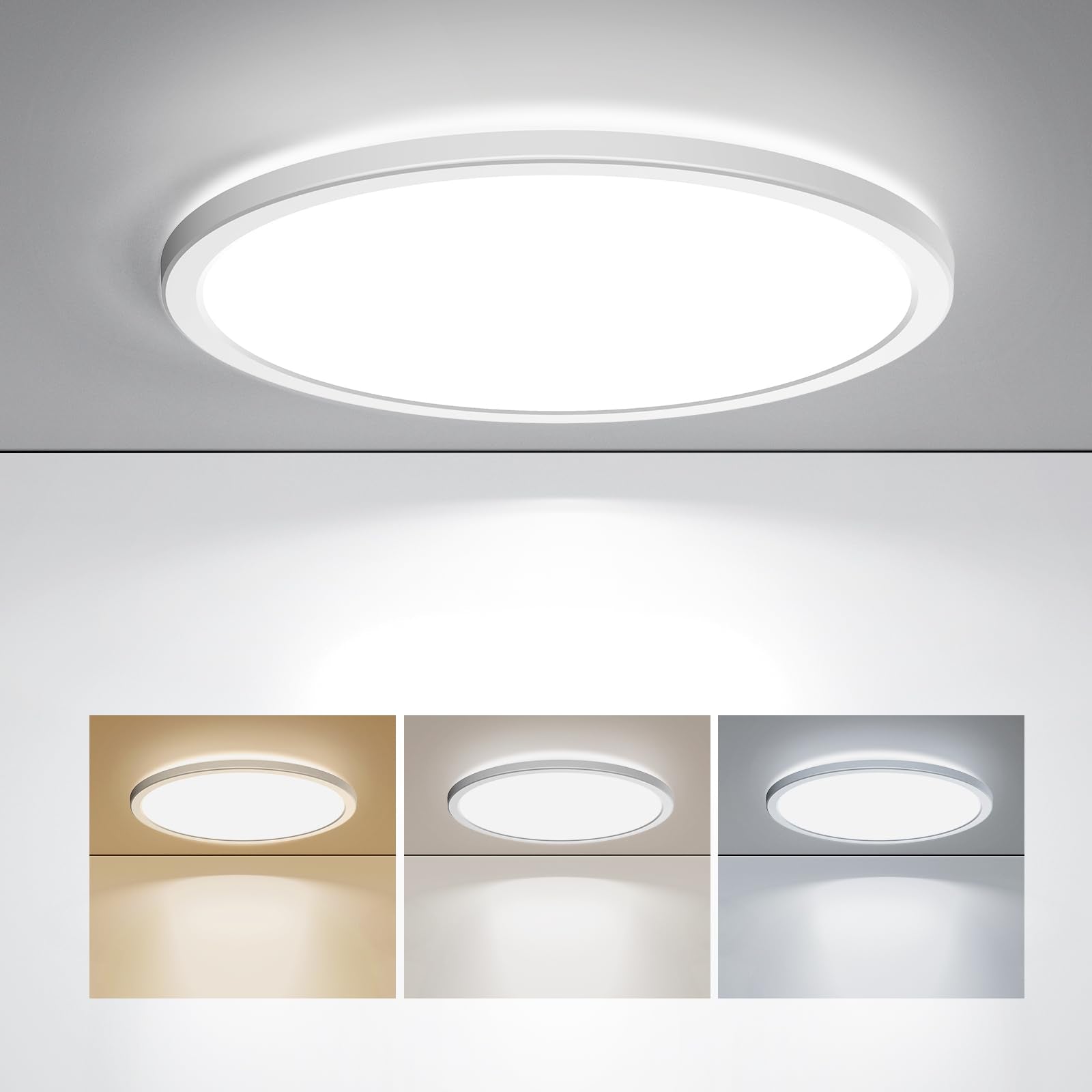 BLNAN LED Flush Mount Ceiling Light, 12 Inch, 24W, 3000K/4000K/5000K, Ultra Thin, White, Hardwire, Model LS-