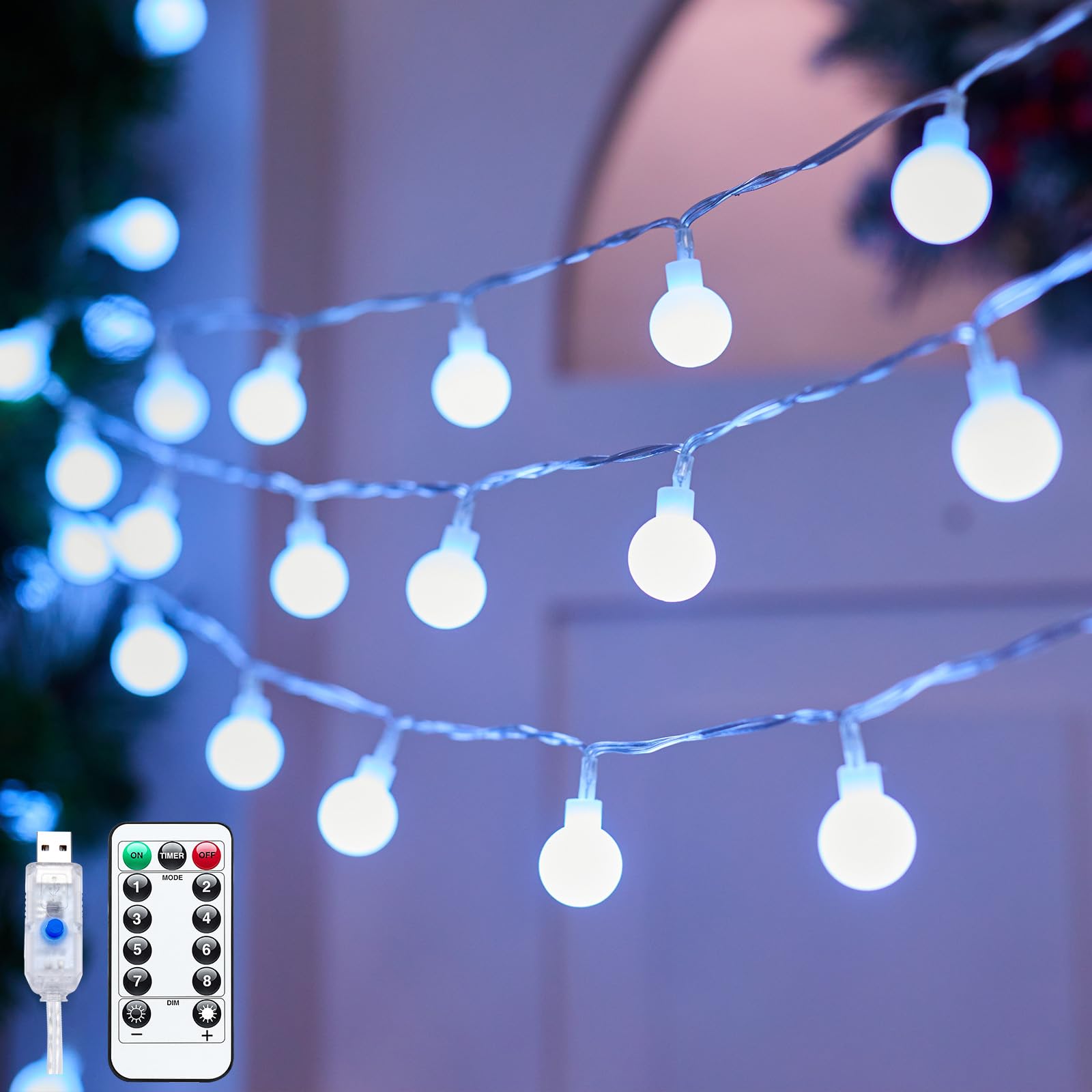 Minetom USB String Lights Indoor Bedroom, 2 Pack Totally 46FT 100 LED Globe Lights with Remote Plug-in, Xmas Twinkle Lights for Wedding Wall Classroom Dorm Canopy Ceiling Room Decor, Pure White