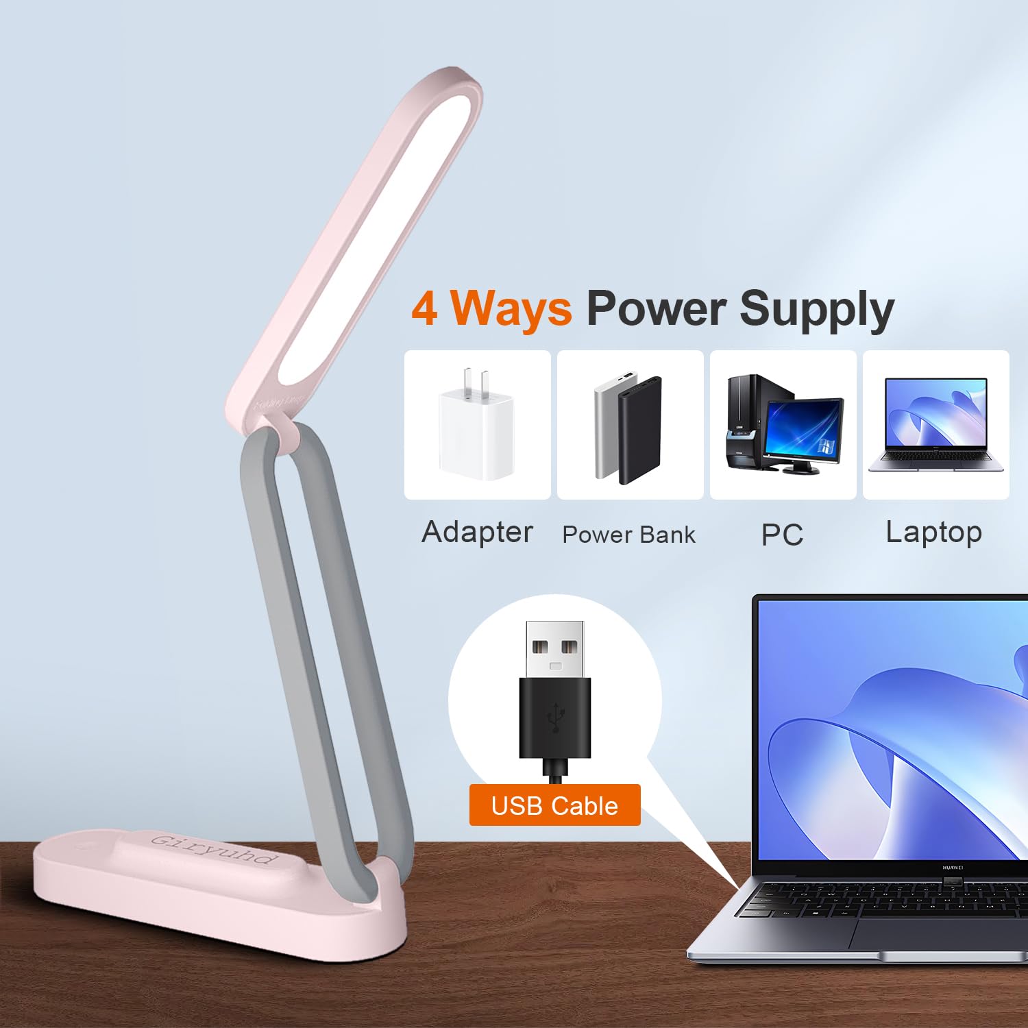 Giryuhd LED Desk Lamp - Portable & Rechargeable, 3 Brightness Levels, Pink, Model A211, Ideal for Home & Office Use