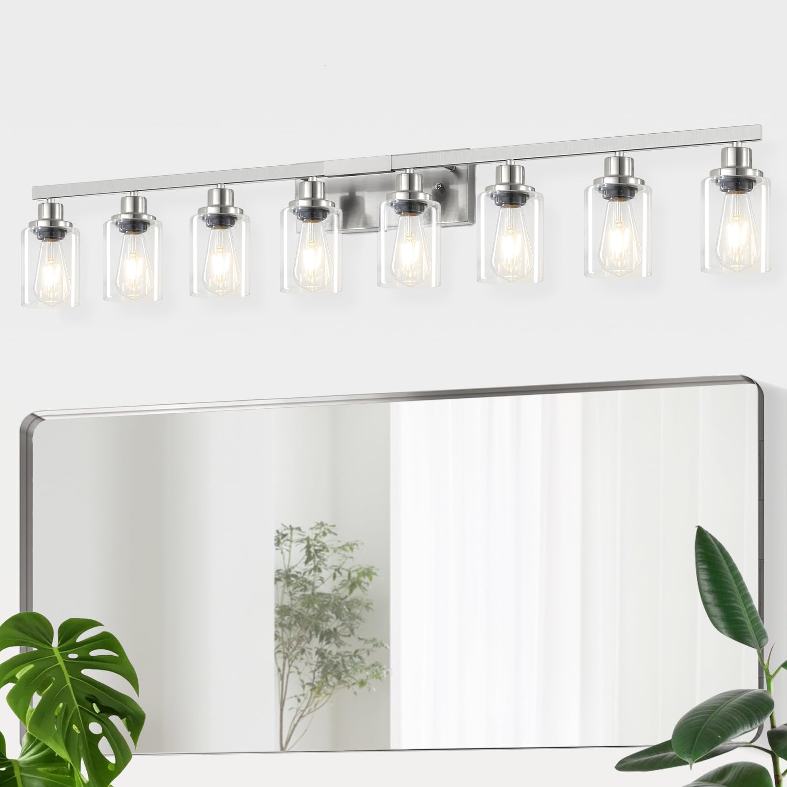 DIKAIDA 52in Brushed Nickel Vanity Light Fixtures, 8-Light Metal Bathroom Lighting, Model NS-8