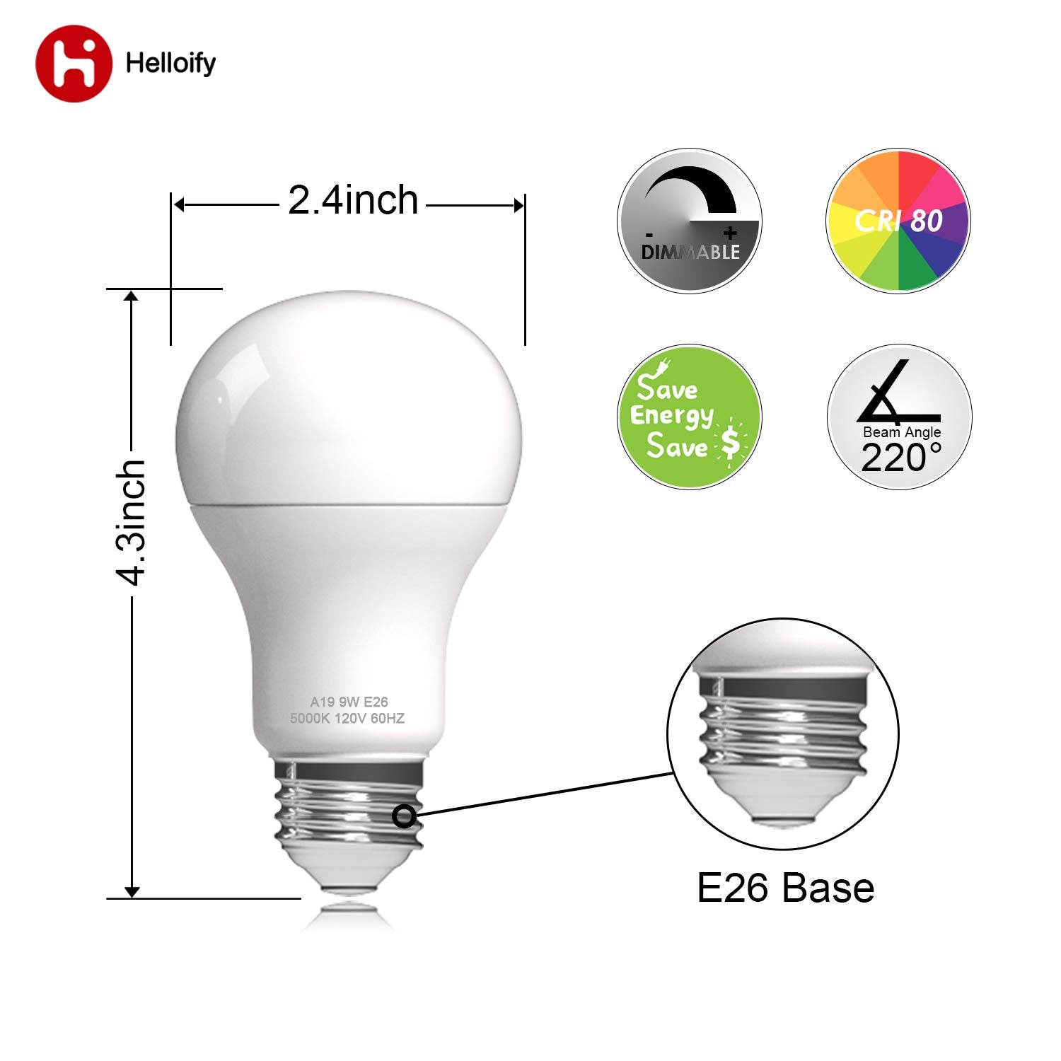 Helloify A19 Led Light Bulb, 9W (60W Equivalent), 806 Lumens, 2700K Soft White, Energy Saving Lamp For Office/Home, Non-Dimmable