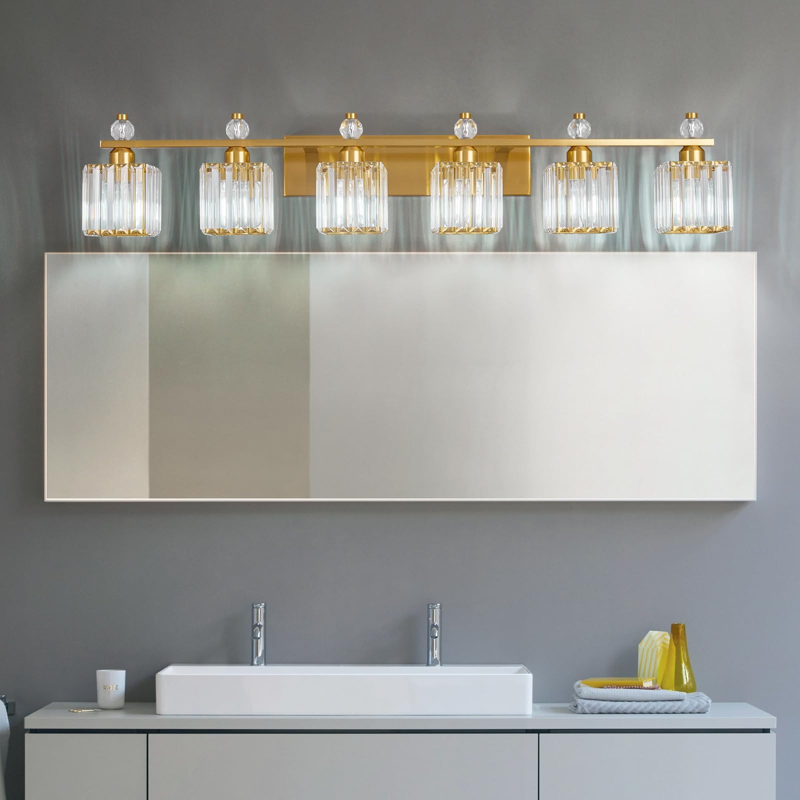 Fdpby 6-Light Modern Crystal Vanity Light - Gold Metal Bathroom Fixture, Model 290