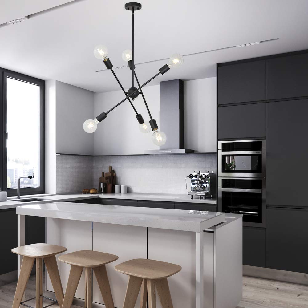 BONLICHT Sputnik Chandelier 6 Lights Metal Black Vintage Industrial Pendant Light for Kitchen Dining Room Bedroom Foyer