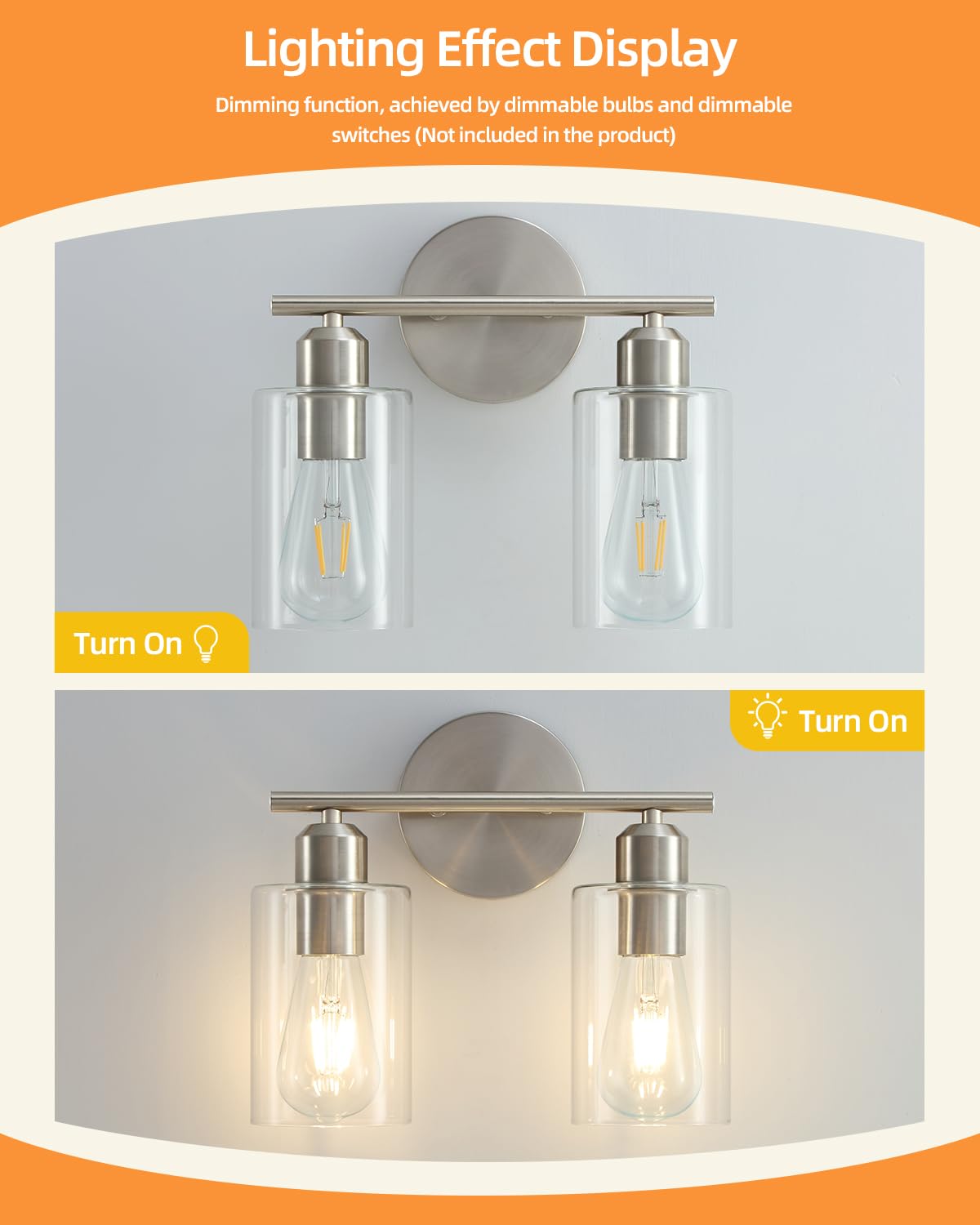 SEABLE 2-Light Brushed Nickel Bathroom Vanity Light Fixture with Clear Glass Shade, E26 Base, UL Listed
