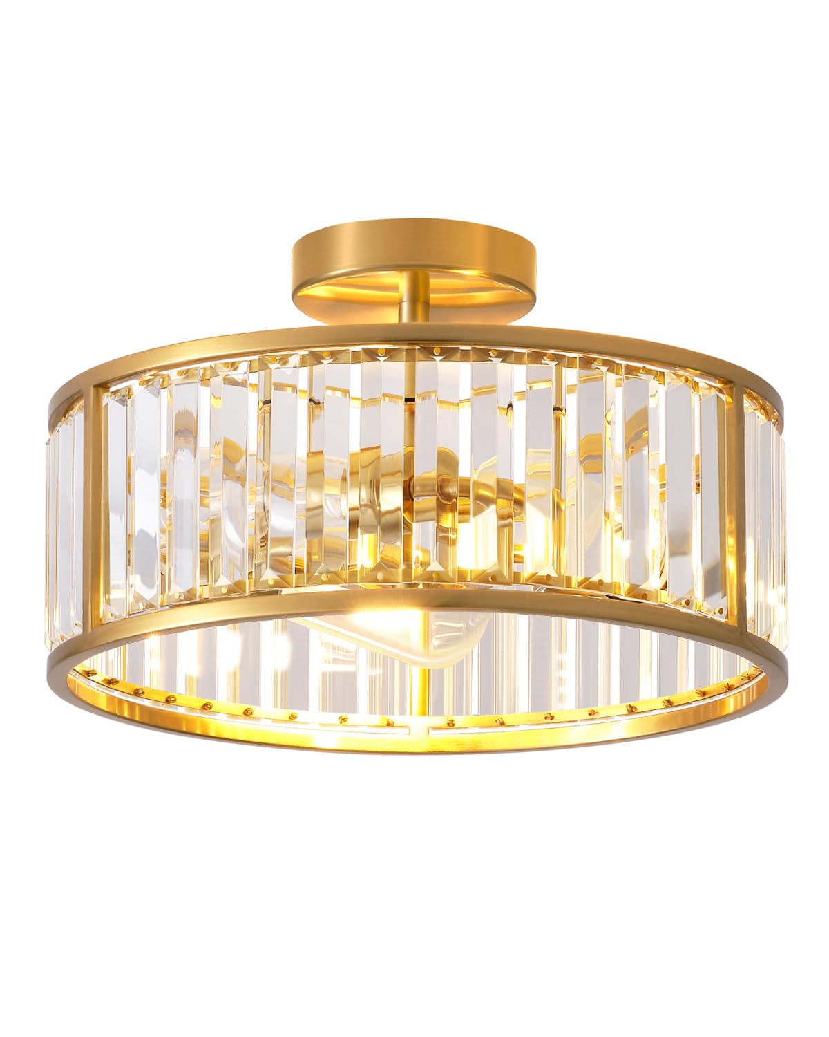 Lhlyclx 3-Light Caged Crystal Chandelier, Brass Gold Drum Ceiling Light, 14 Inch