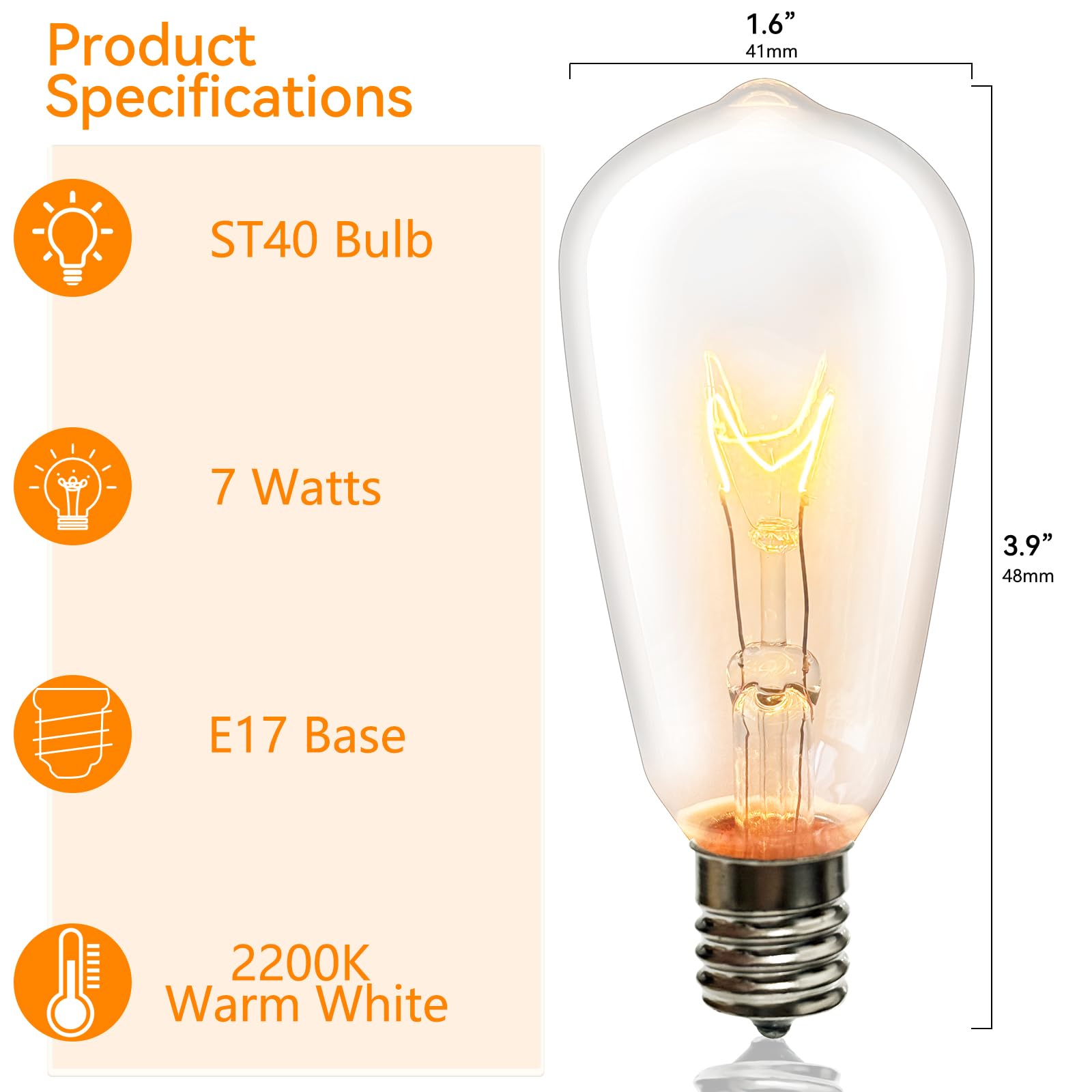 10 Pack Edison Light Bulbs, St40 Clear Incandescent String Light Bulbs Replacement, 7W E17 Screw Base Bulbs For Outdoor String L
