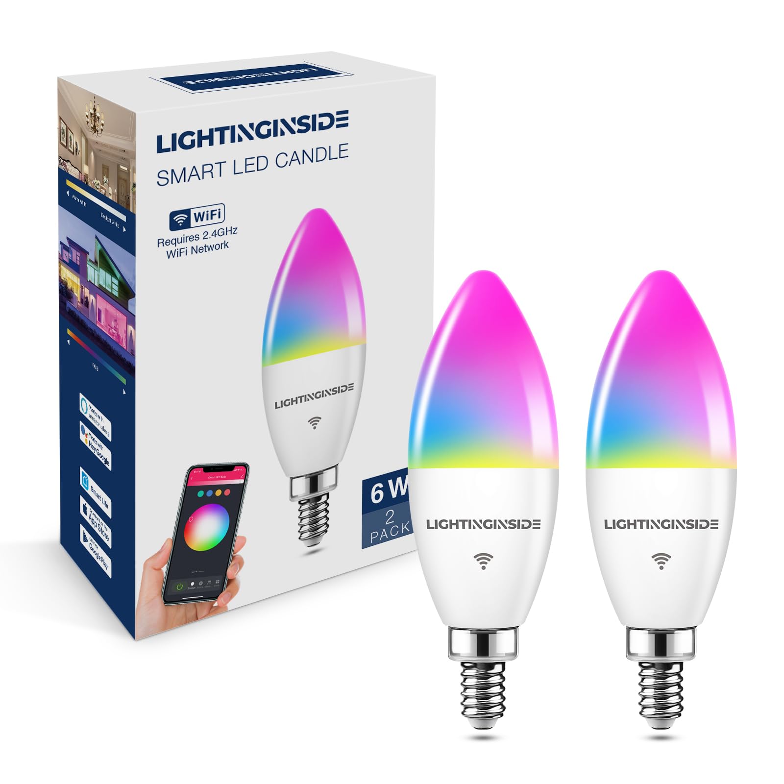 E12 Smart Bulbs 60W Equivalent, 6W 500Lm, Candelabra Led Bulbs Work With Alexa And Google Assistant, 2700-6500K+Rgb, Wifi Smart