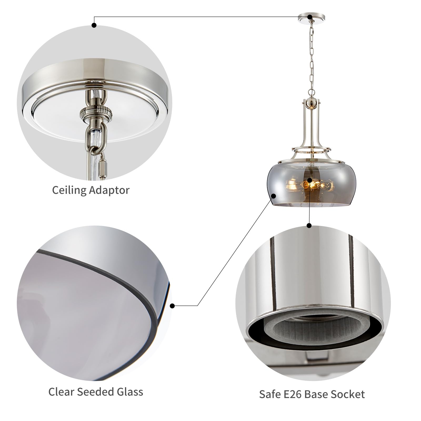 WUZUPS Nickel Chandelier Pendant Light Fixture, Electroplated Gray, 3-Light, H 20.9in W 15.9in, Model USHD30308GR