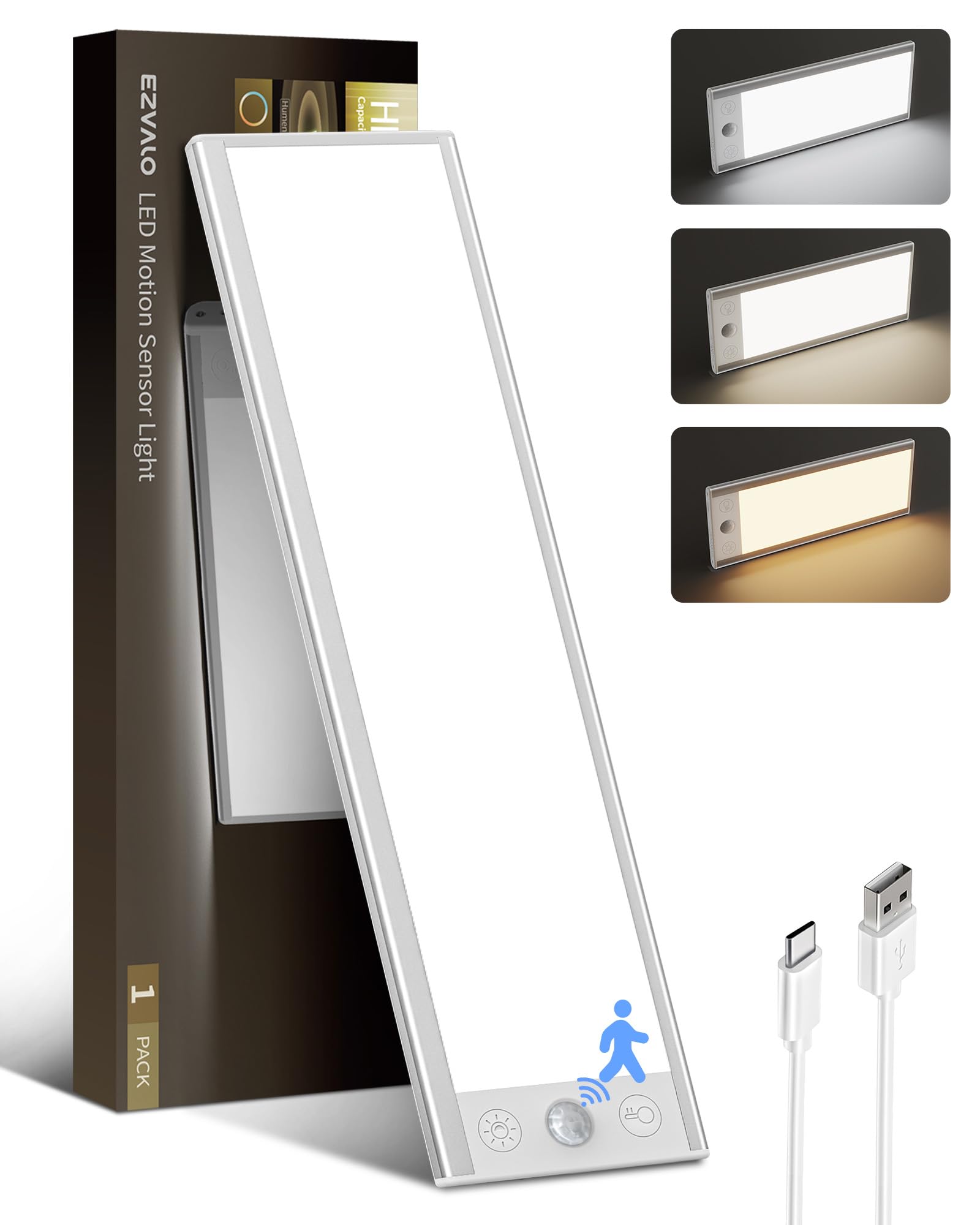 Ezvalo 3000Mah Under Cabinet Lighting  150Lm Utral Bright Motion Sensor Light  Rechargeable Magnetic Under Counter Lights For Kitchen  Dimmable Closet Light With 3-Inch Ultra-Wide Panel