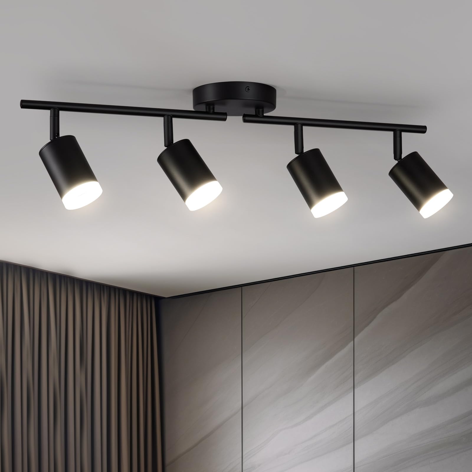 Bojim Flexible Led Track Lighting, 4-Light Black Track Lighting Fixtures Ceiling, Ceiling Spotlight with Foldable Light Arms for
