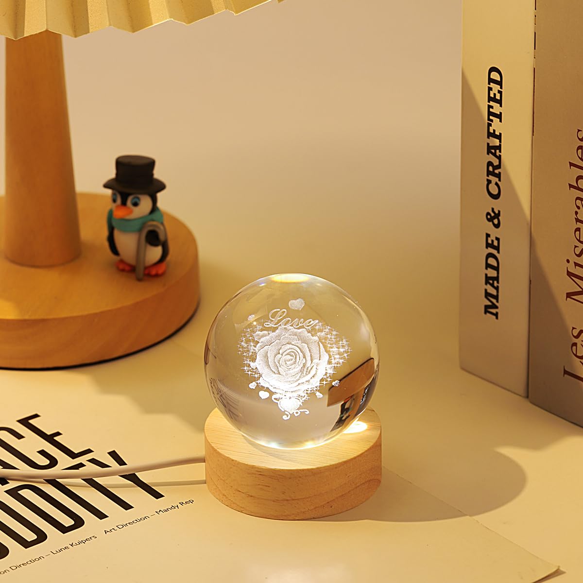 Hochance 3D Love Crystal Ball Lamp With Adjustable Brightness Led Wooden Base Night Light For Kids Teens mature-themeds Birthday Gift Home Desk Office Bedroom Decor (6Cm / 2.4 )