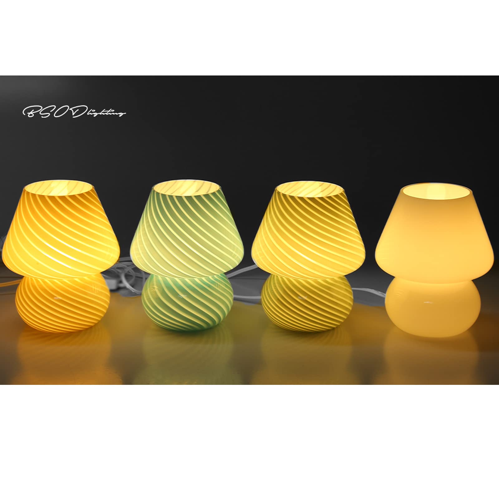 BSOD Glass Mushroom Bedside Table Lamp, Stripe Yellow, Cute Small, Murano Vintage Style for Home Decor, Model Bsod-SW-Lamps007